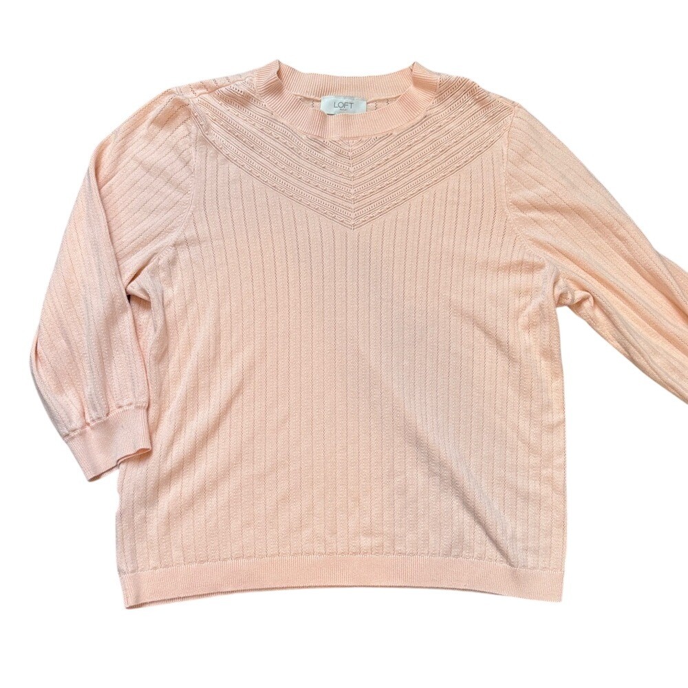 LOFT Peach Pink Pointelle‎ Knit 3/4 Sleeve Light Sweater L Coquette Barbie Soft